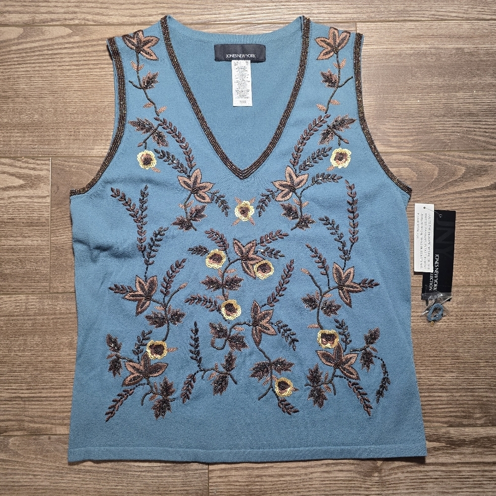 Embroidered Shirt Womens M Teal Knit Top Beaded Floral V-Neck Elegant Nature